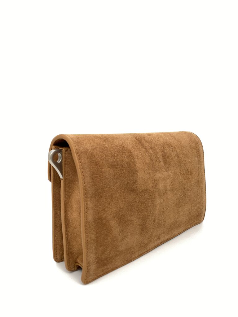Camel Suede Clutch with Silver-Tone Lock