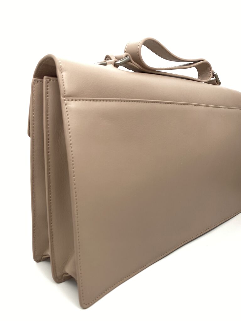 Neutral Structured Leather Briefcase with Silver Clasp