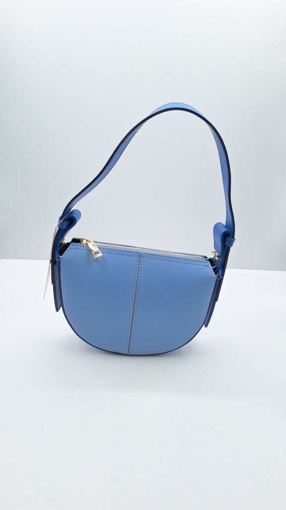 Blue Leather Half-Moon Bag with Curved Design