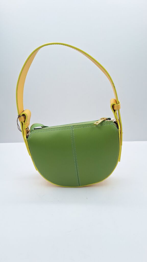 Green Structured Leather Bag with Yellow Handle