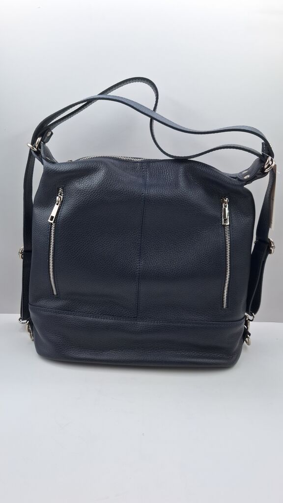 Navy Leather Tote Bag with Zipper Detail