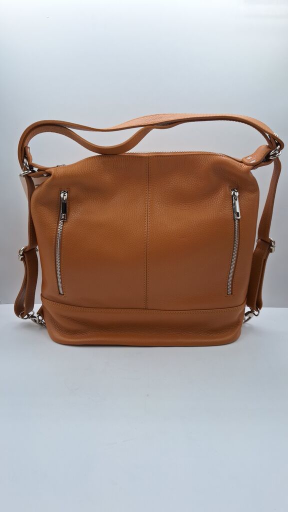Tan Textured Leather Hobo Bag with Dual Zip Pockets