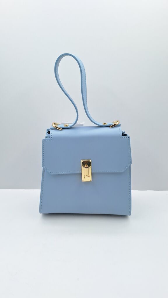Light Blue Structured Handbag with Gold Accents