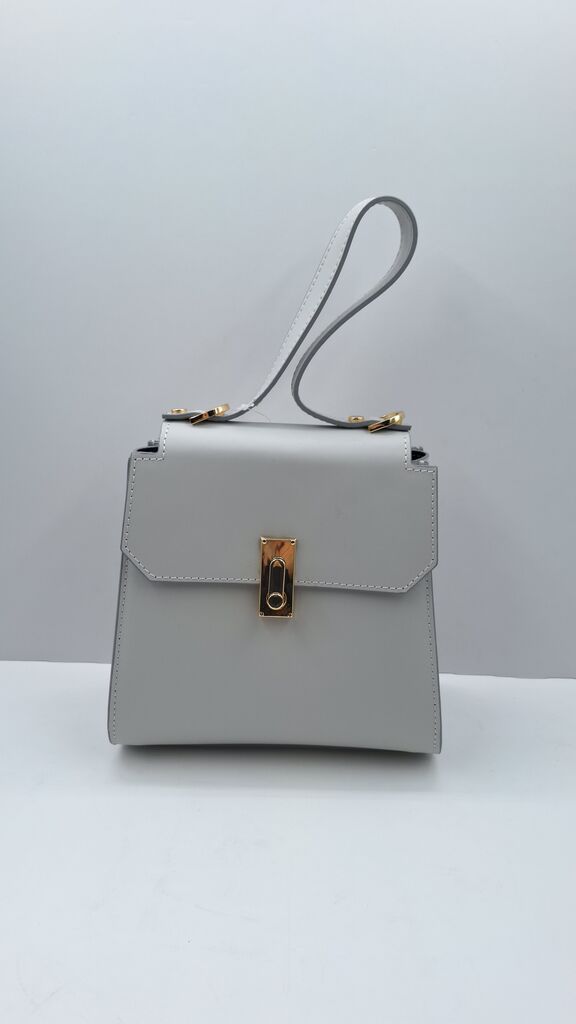 Gray Structured Handbag with Gold Accents