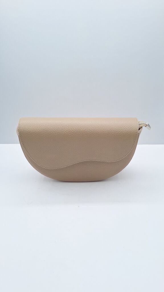 Beige Textured Semi-Circular Clutch with Zipper