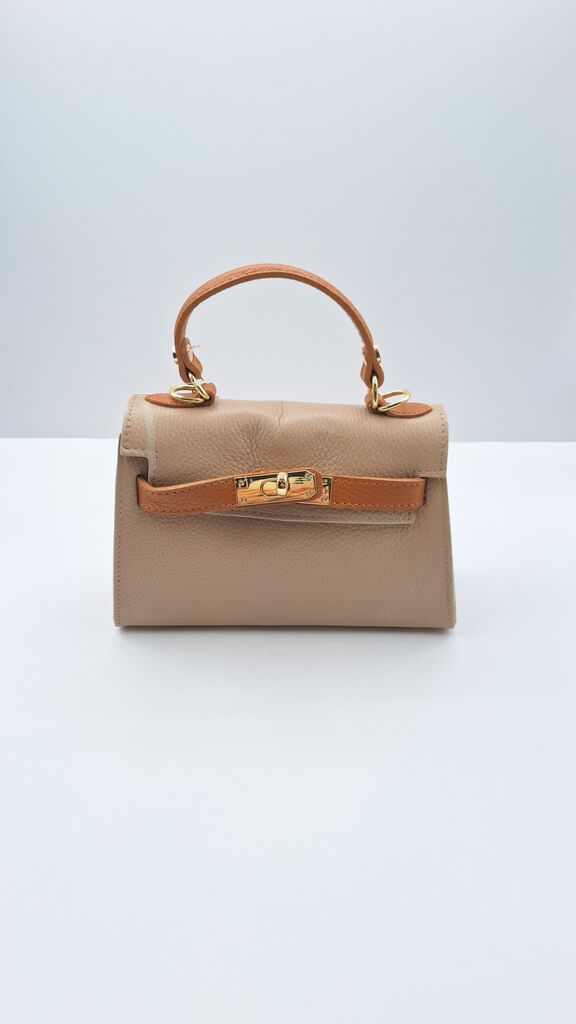 Taupe Textured Mini Handbag with Gold Hardware