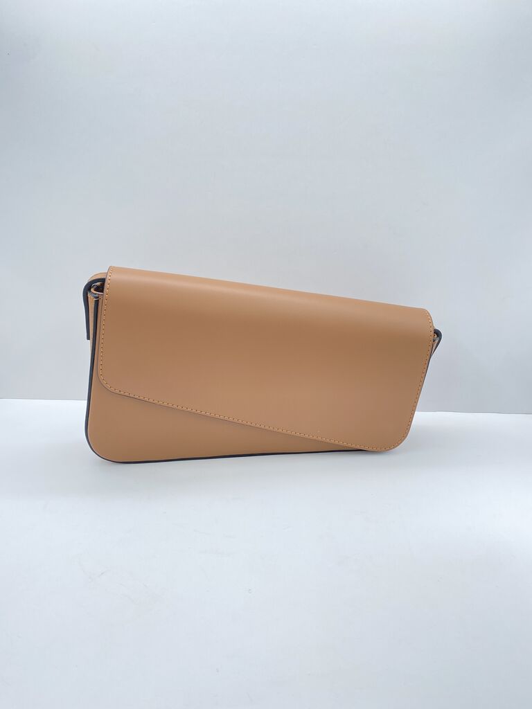 Tan Structured Clutch with Asymmetric Flap