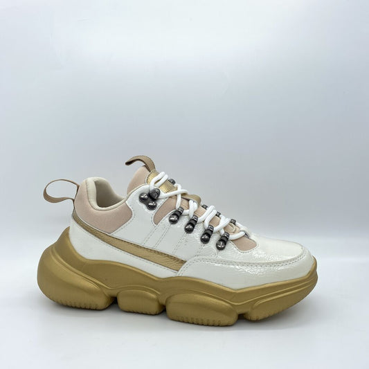 White and Gold Chunky Sneakers with Metallic Accents