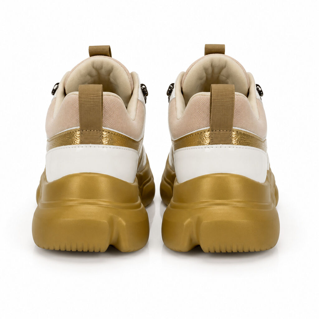 White and Gold Chunky Sneakers with Metallic Accents