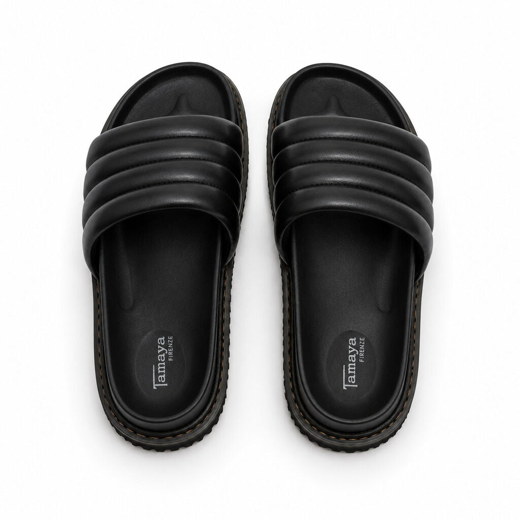 Black Quilted Slide Sandal with Cushioned Strap