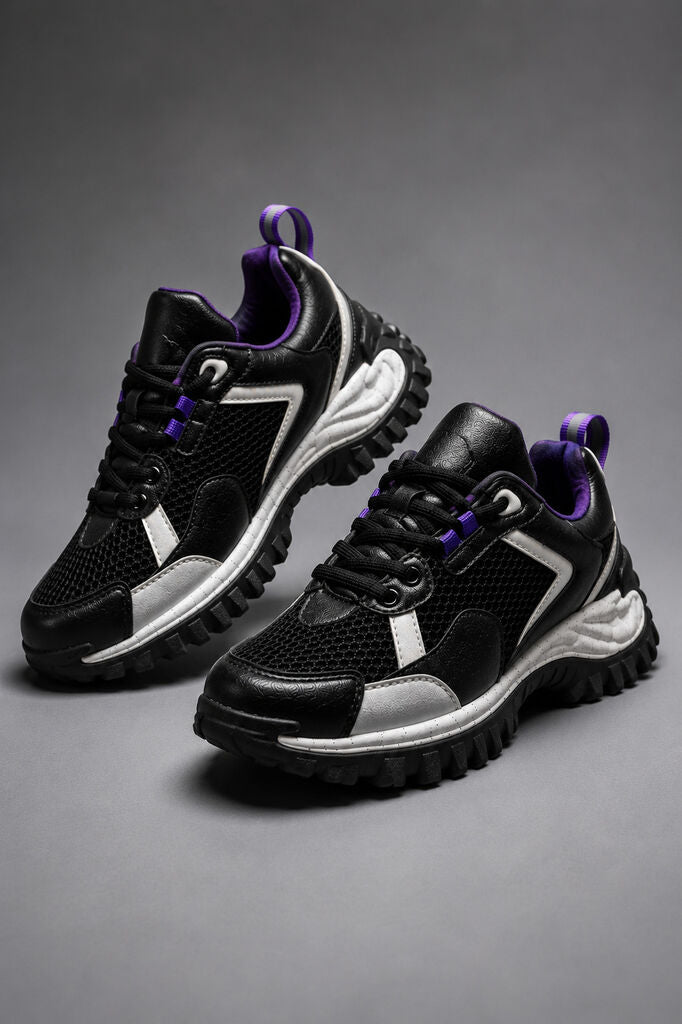Black Mesh Trail Sneakers with Purple Accents