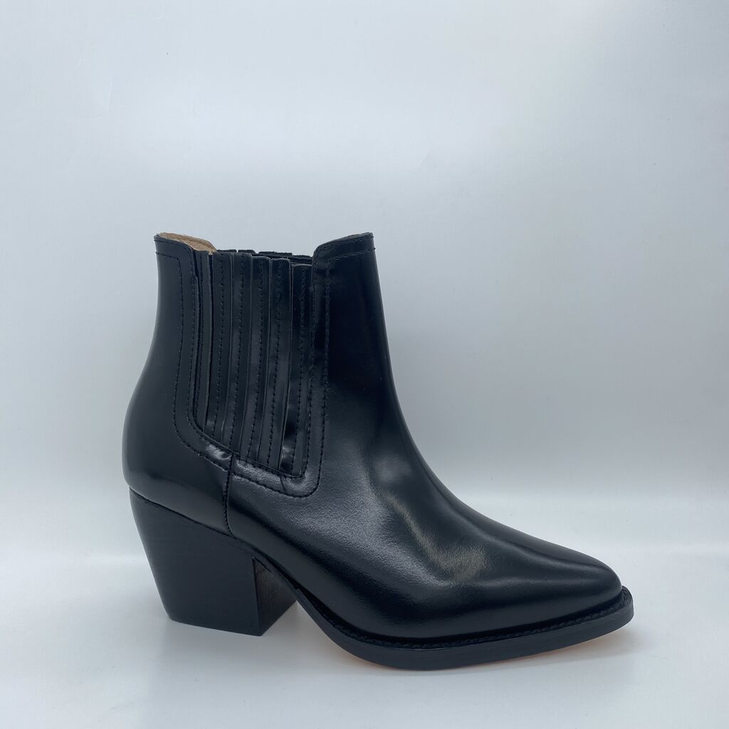 Black Leather Ankle Boot with Stacked Heel