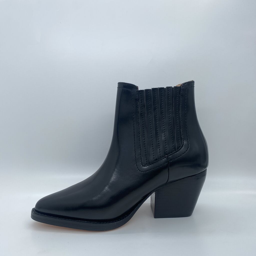 Black Leather Ankle Boot with Stacked Heel