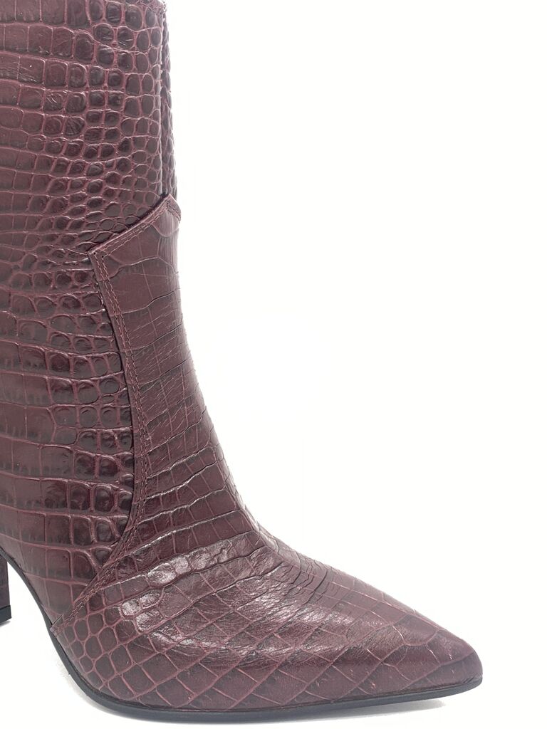 Burgundy Embossed Ankle Boot with Block Heel