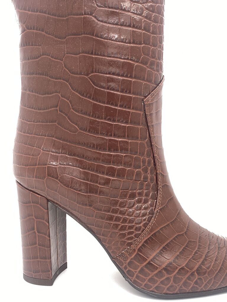 Brown Embossed Ankle Boot with Block Heel