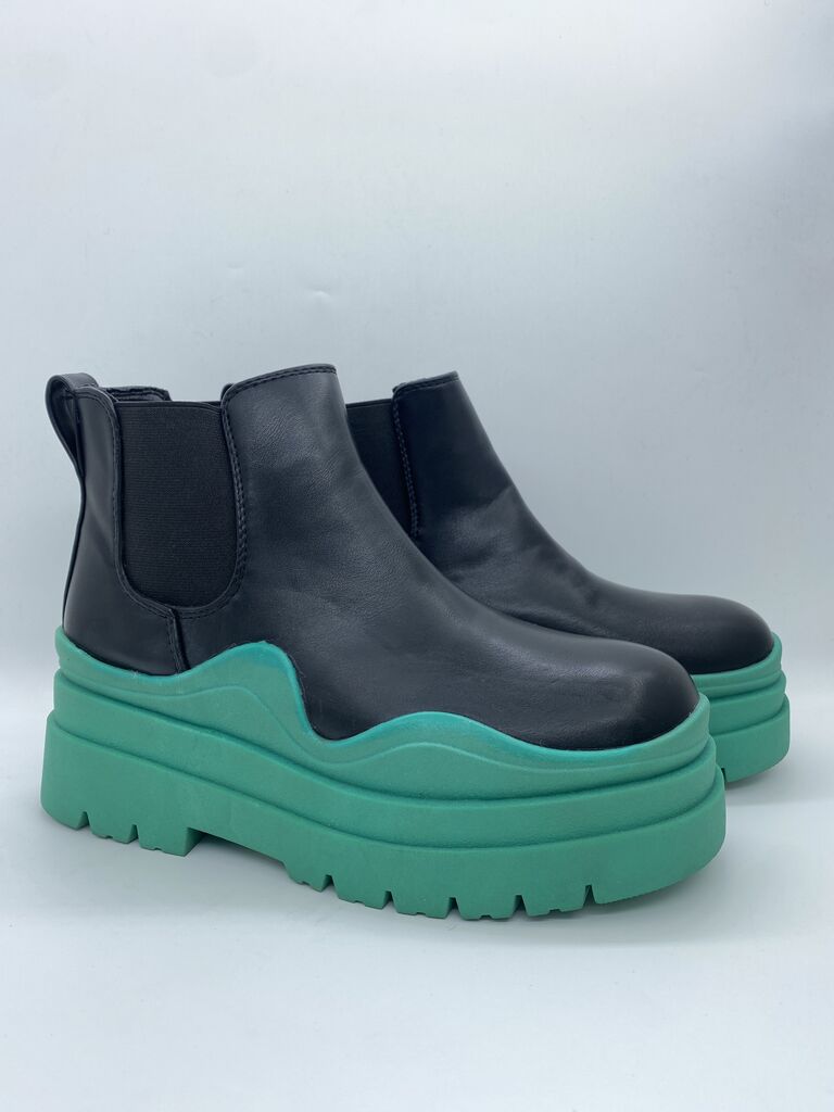 Black Platform Ankle Boots with Green Sole