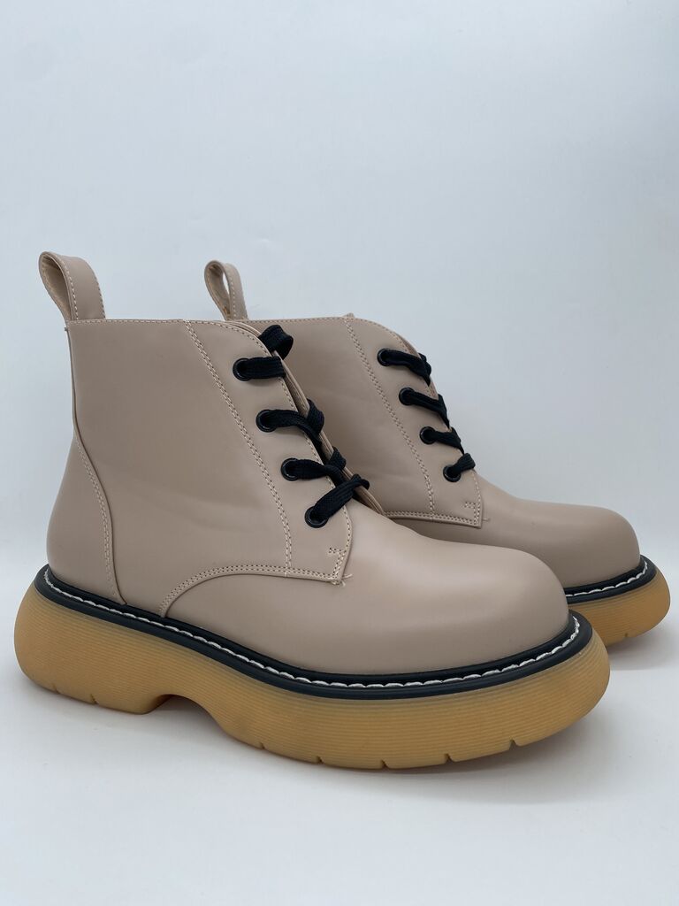 Beige Chunky Lace-Up Boots