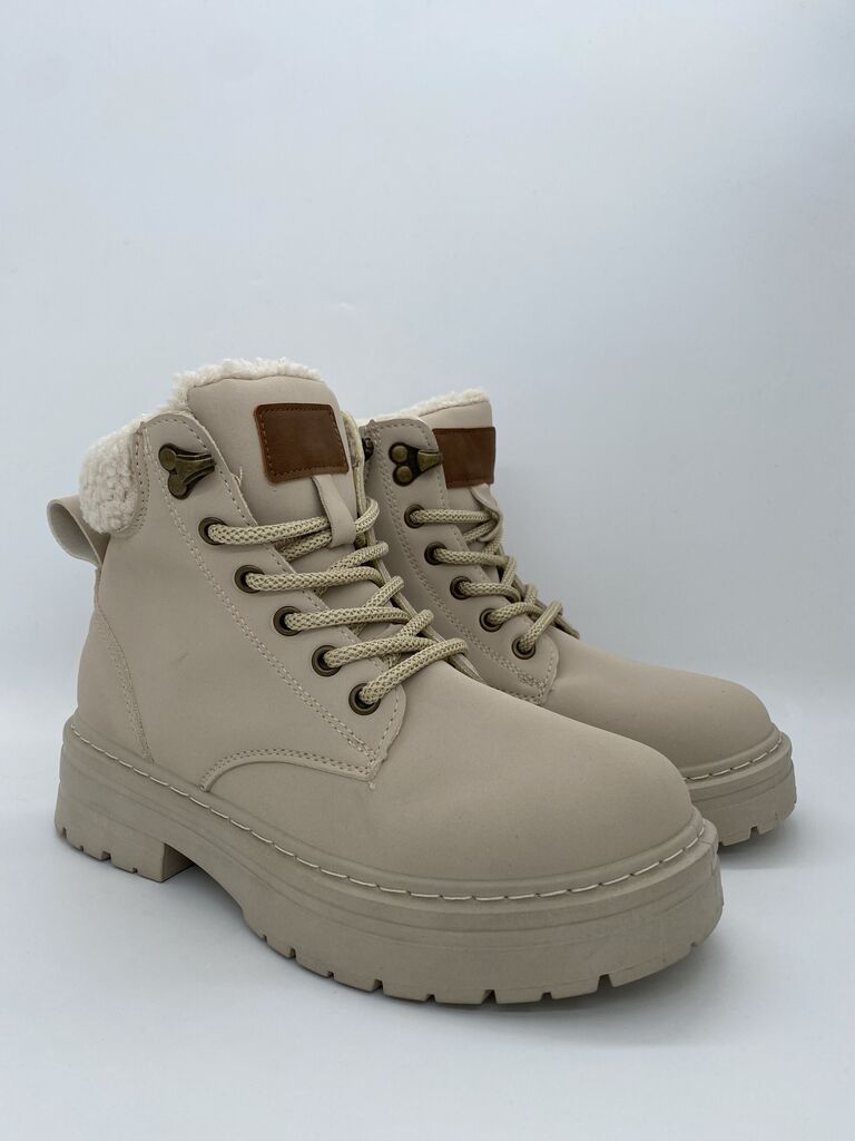 Beige Faux Leather Ankle Boots with Plush Lining