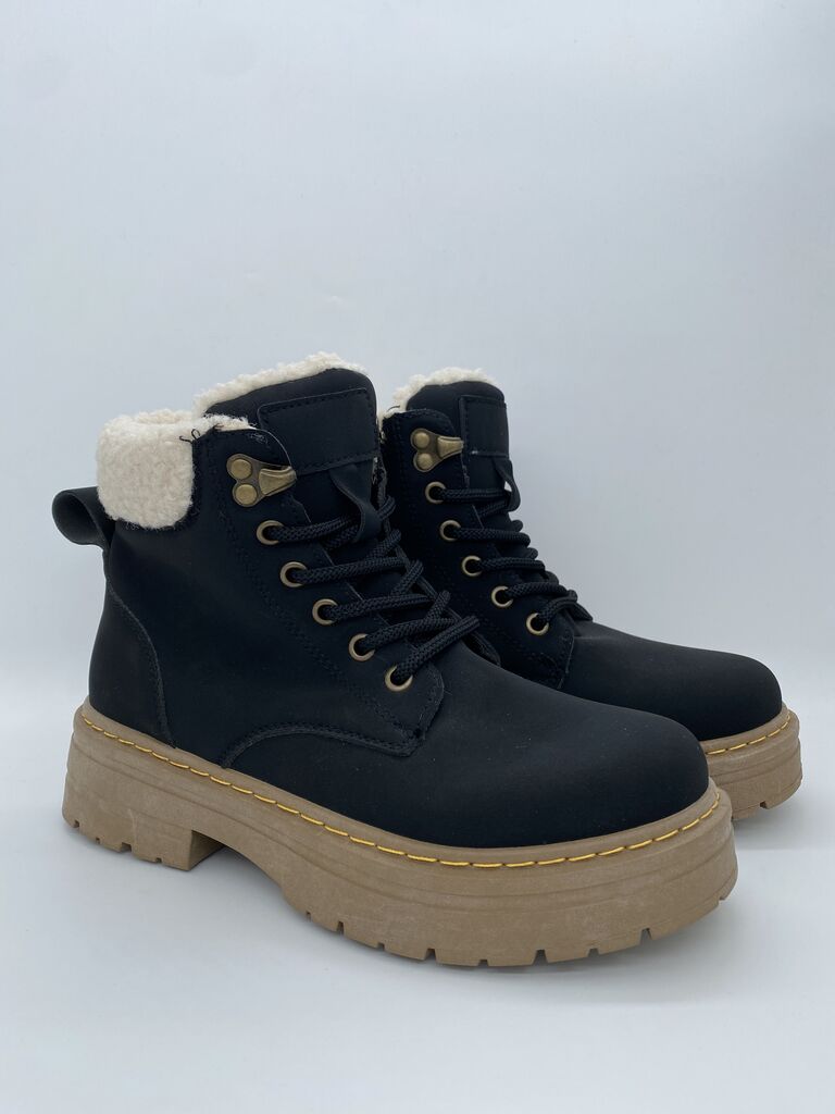 Black Faux Fur-Lined Boots with Lug Sole