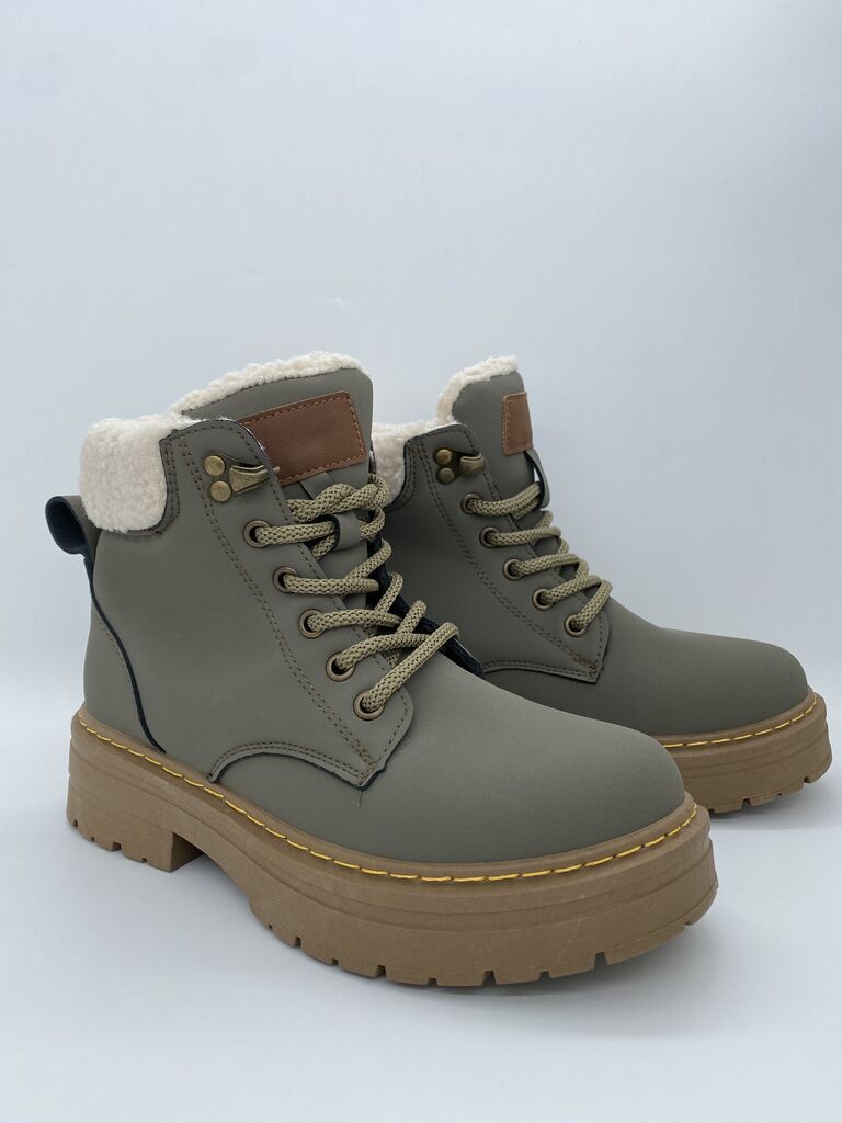 Olive Hiker Boots with Faux Shearling Lining