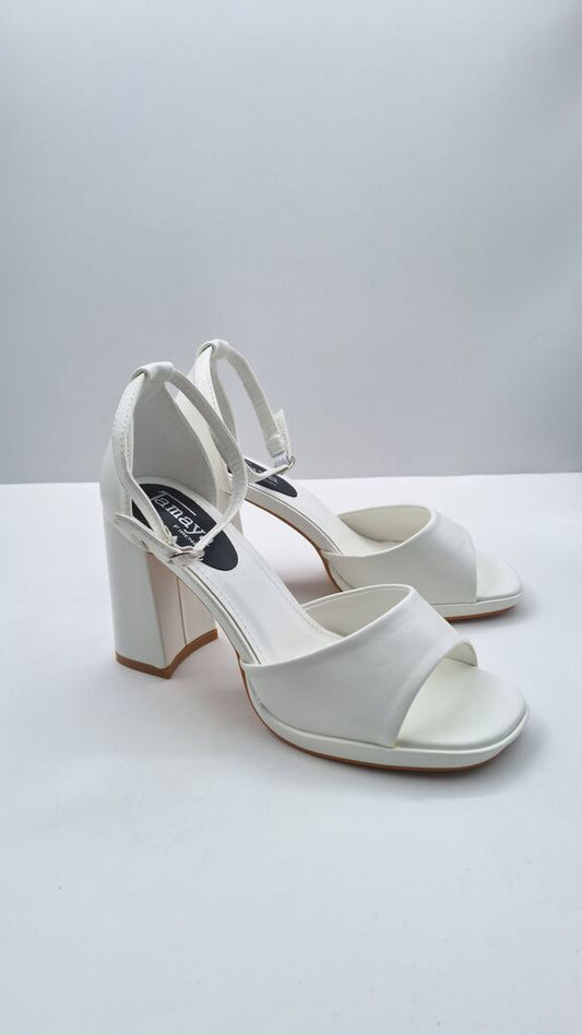 White Block Heel Sandals with Ankle Strap