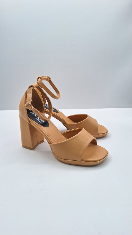 Tan Block Heel Sandals with Ankle Strap