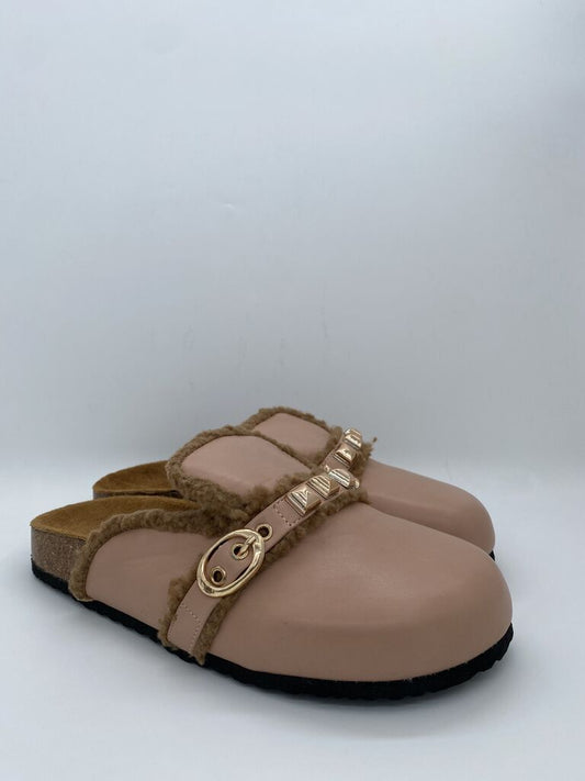 Pink Fur-Lined Clogs with Studded Strap