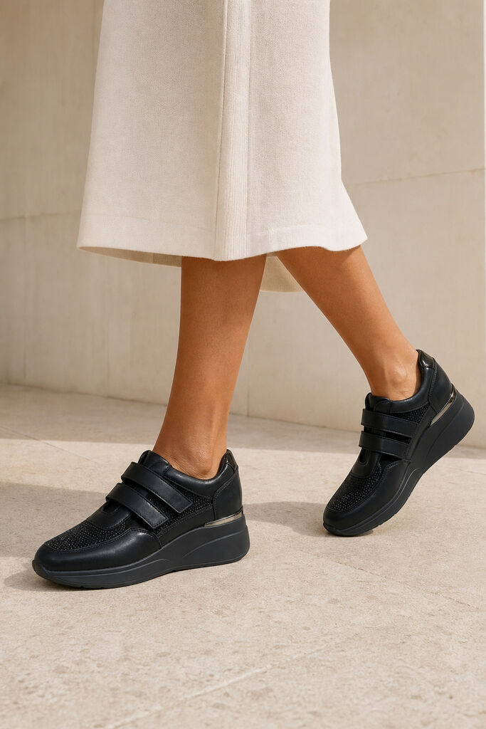 Black Textured Sneakers with Velcro Closure