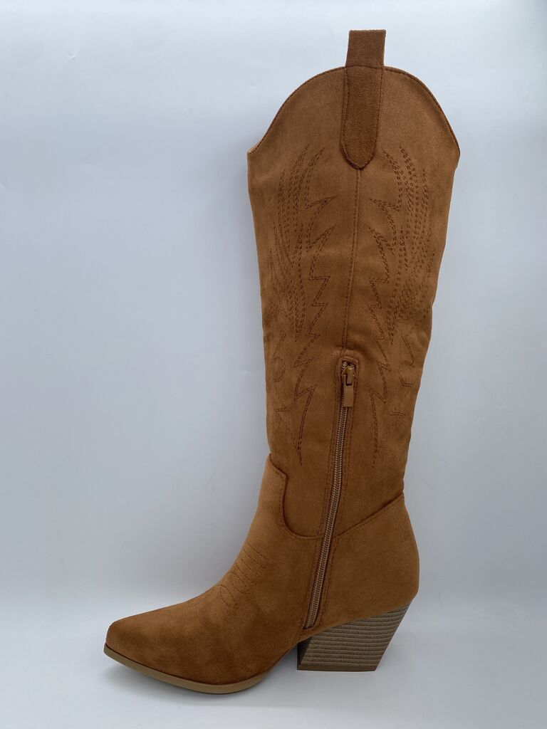 Tan Suede Western Boots with Embroidered Detail
