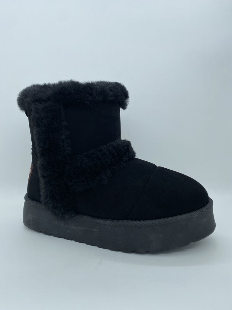 Black Plush Lined Ankle Boot with Platform Sole