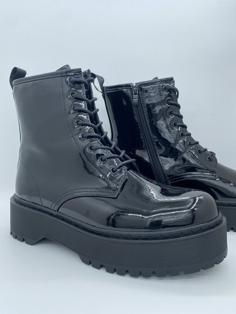 Black Glossy Platform Ankle Boots