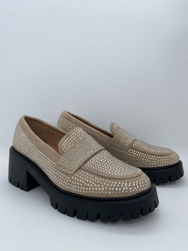 Beige Embellished Loafers with Chunky Sole