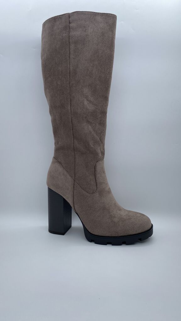 Taupe Suede Chunky Heel Knee-High Boots