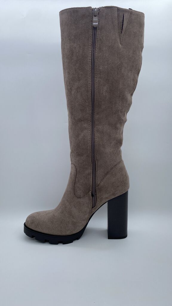 Taupe Suede Chunky Heel Knee-High Boots