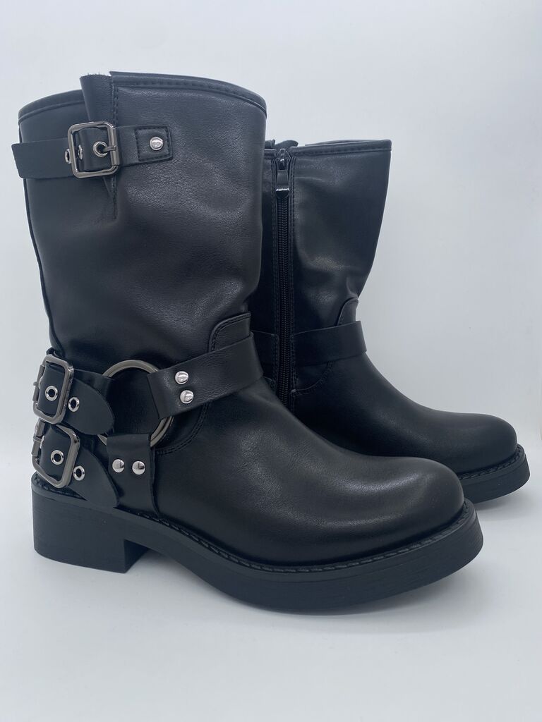 Black Leather Boots with Buckle Detail
