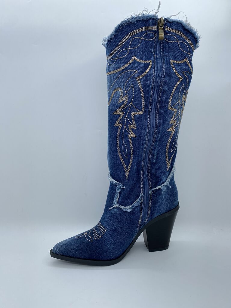 Blue Denim Western Boots with Embroidered Detail