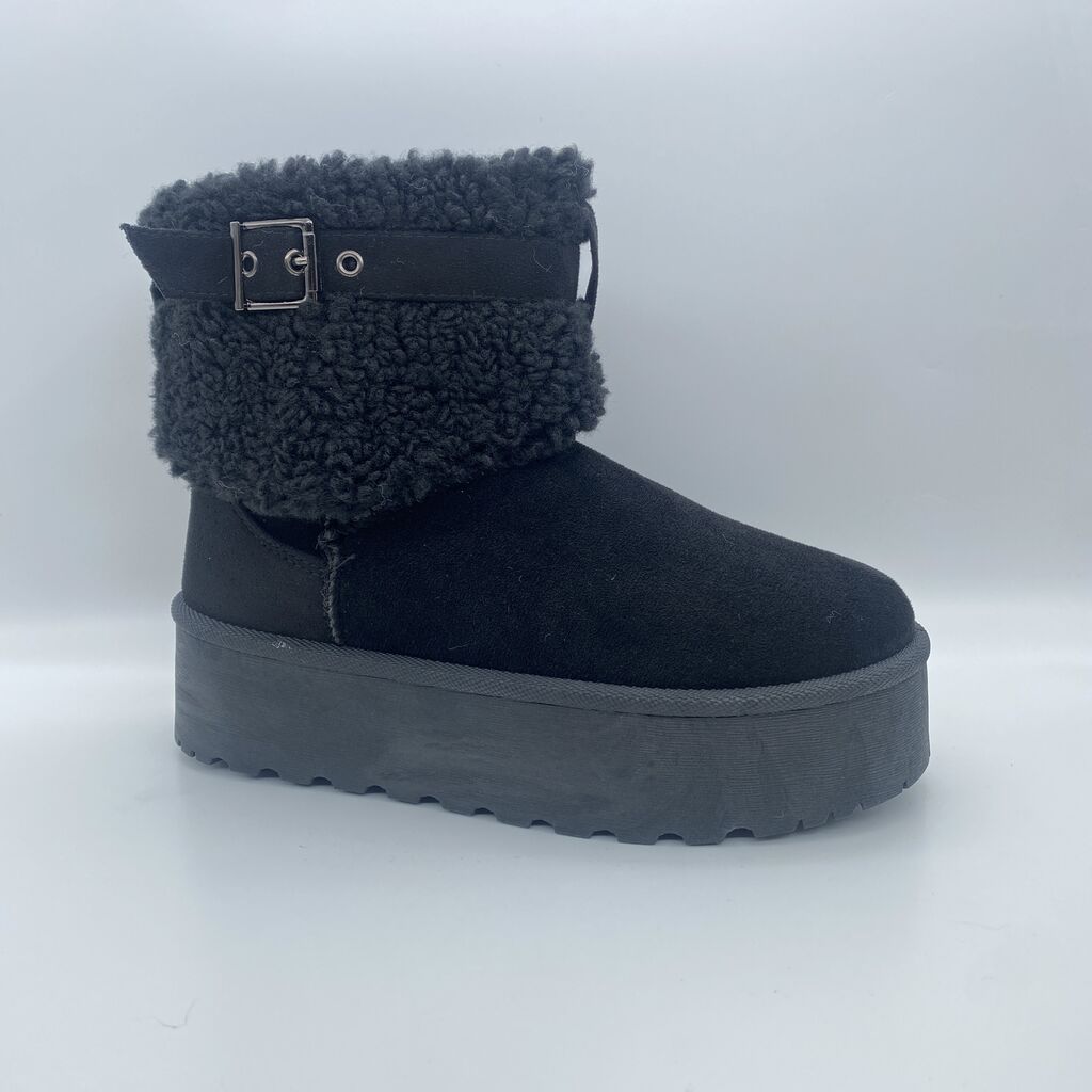 Black Textured Platform Boots with Buckle Detail