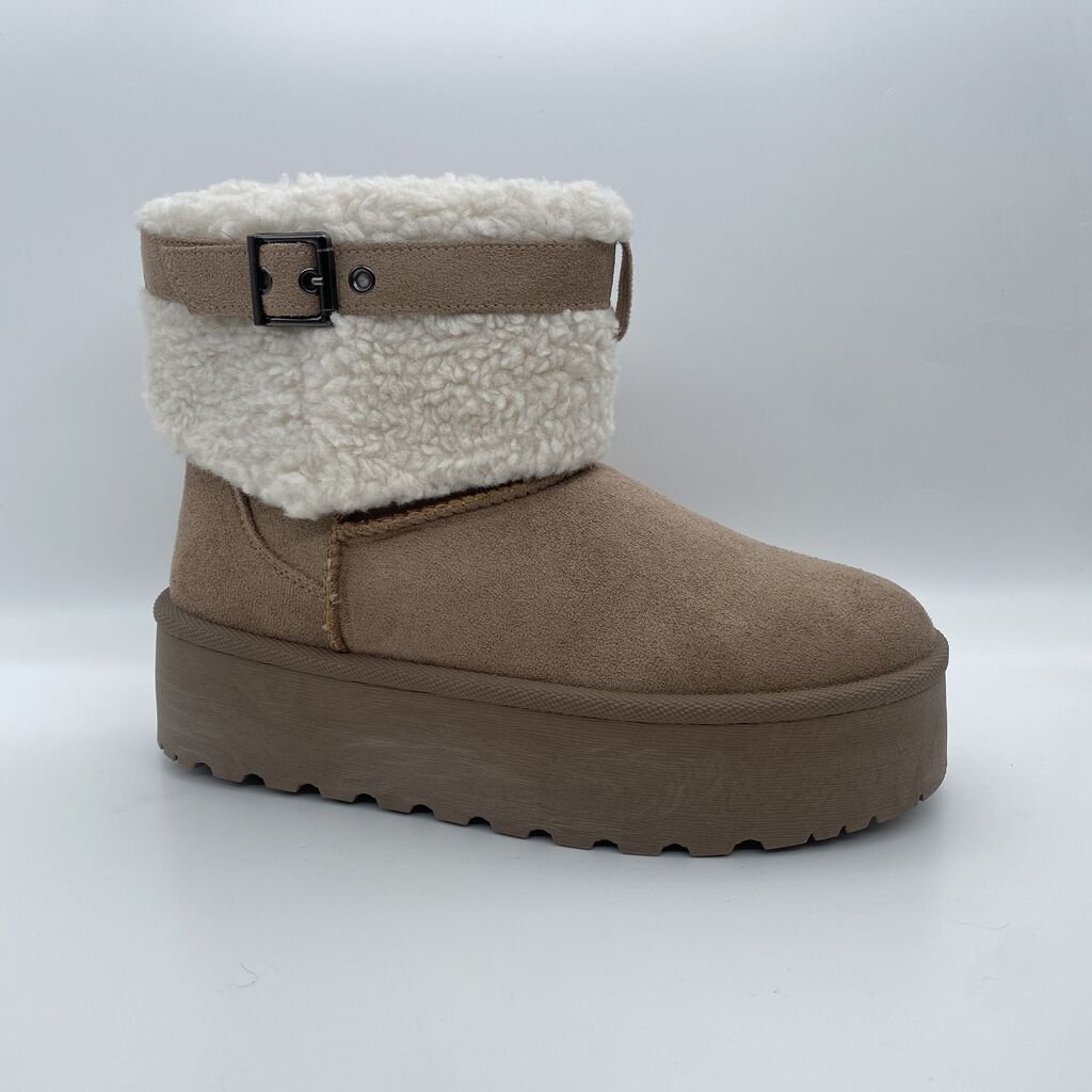 Taupe Fleece-Lined Ankle Boot with Buckle Detail