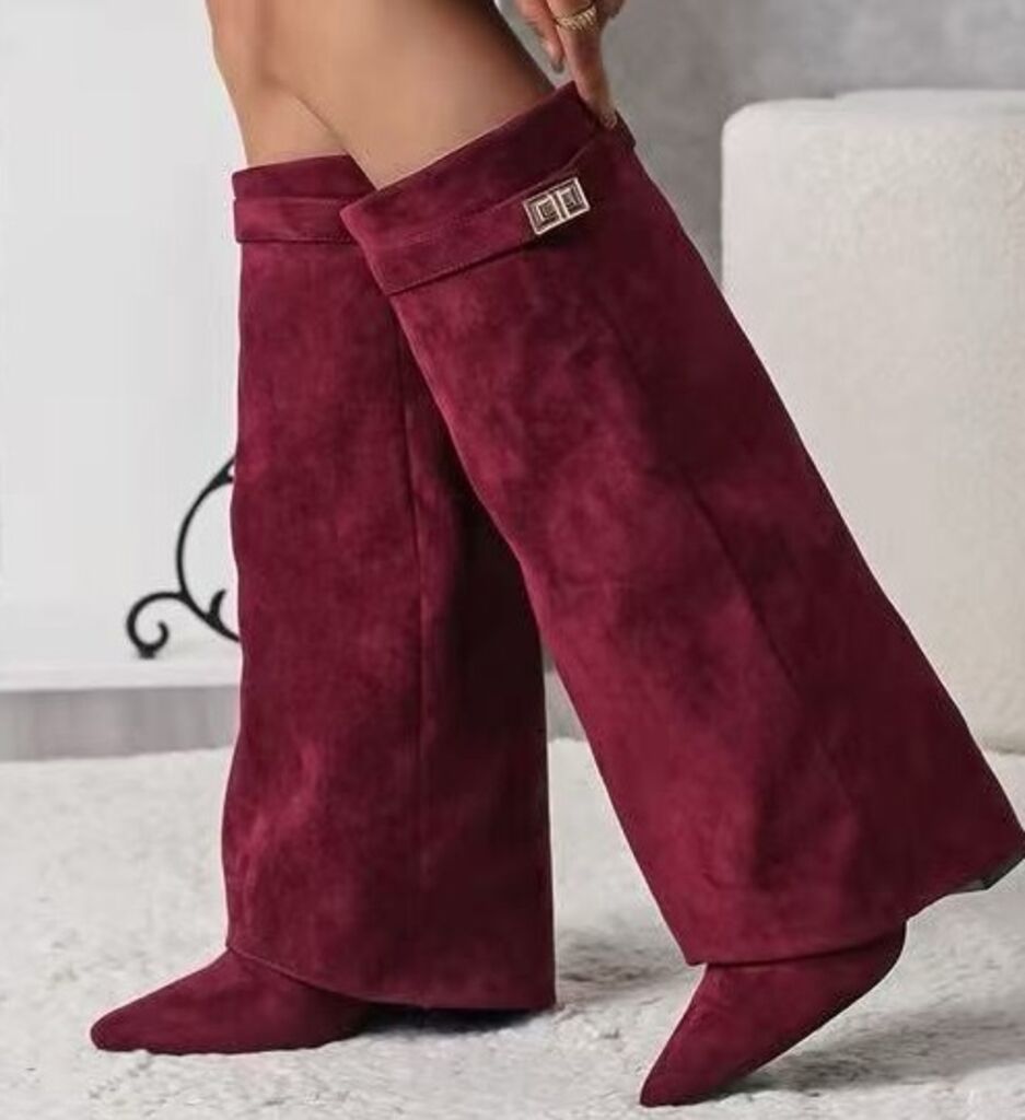 Burgundy Suede Wide-Leg Boots with Buckle Detail