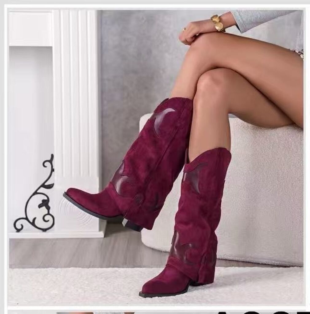 Burgundy Suede Cowboy Boots with Western Detailing