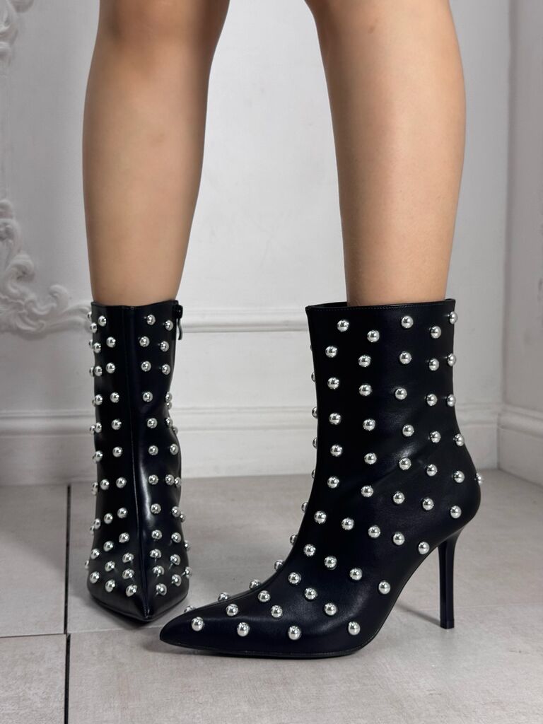 Black Studded Ankle Boots with Silver Accents