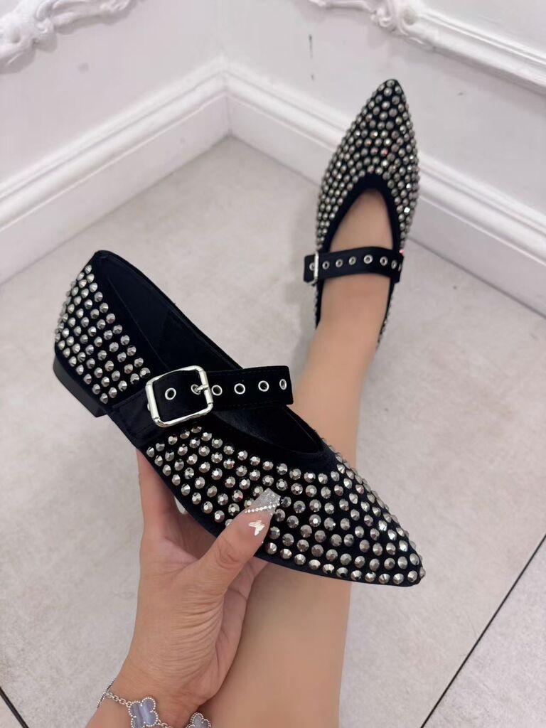 Black Studded Flats with Buckle Strap