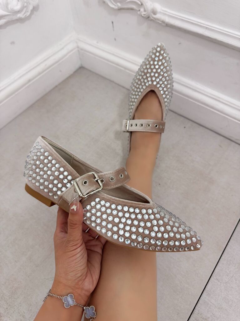 Silver Embellished Flats with Ankle Strap