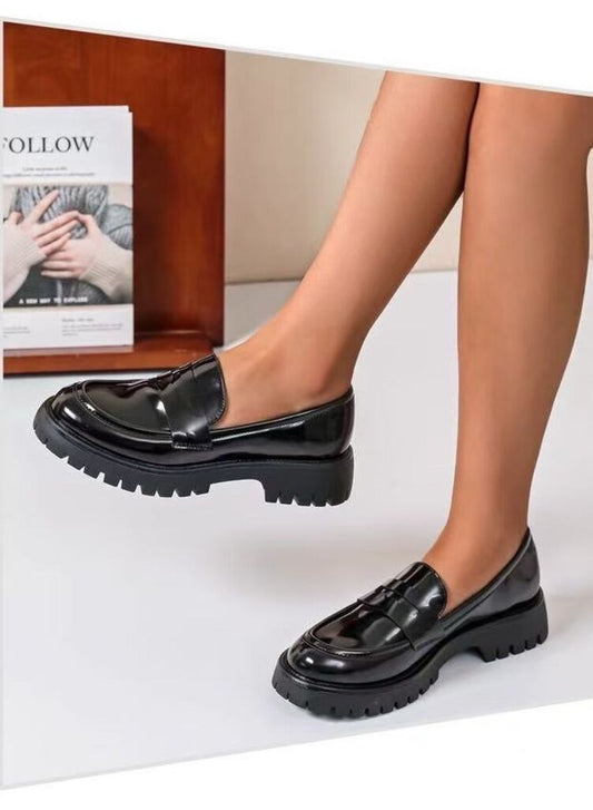 Glossy Black Patent Leather Loafers with Chunky Sole