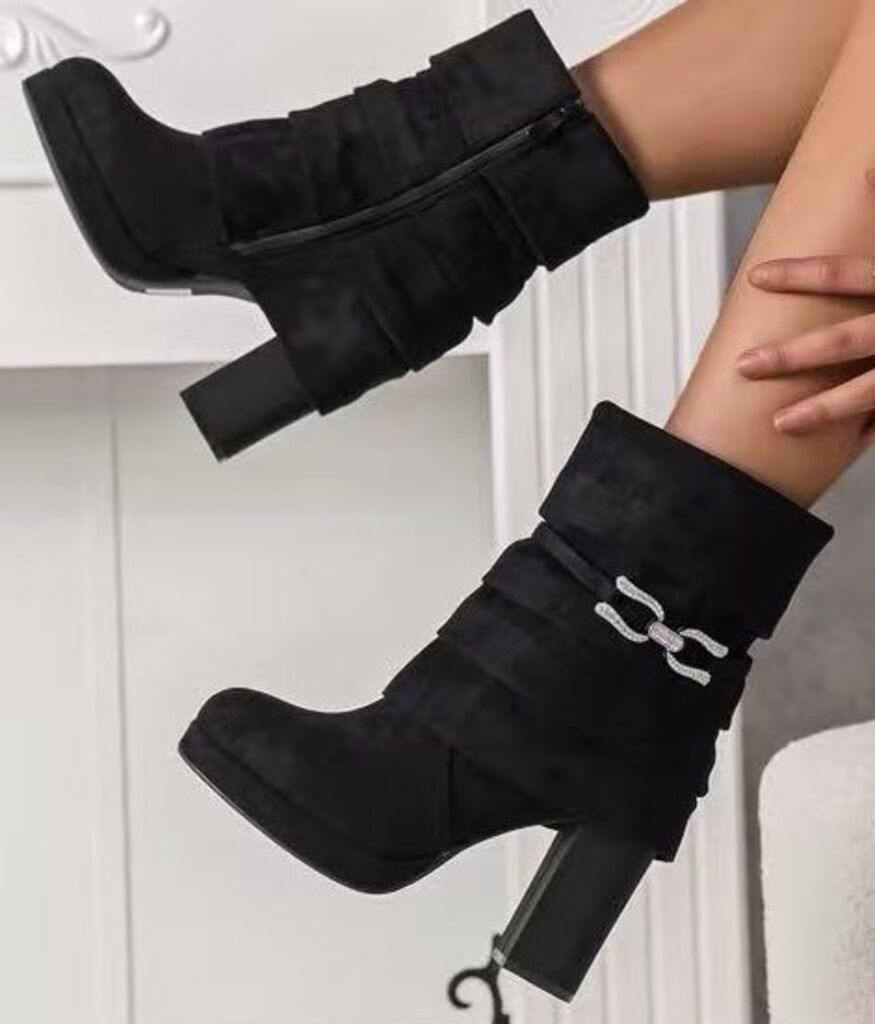Black Heeled Ankle Boots with Decorative Buckle