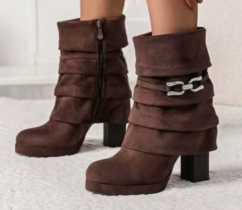 Brown Suede Layered Ankle Boots with Chain Accent