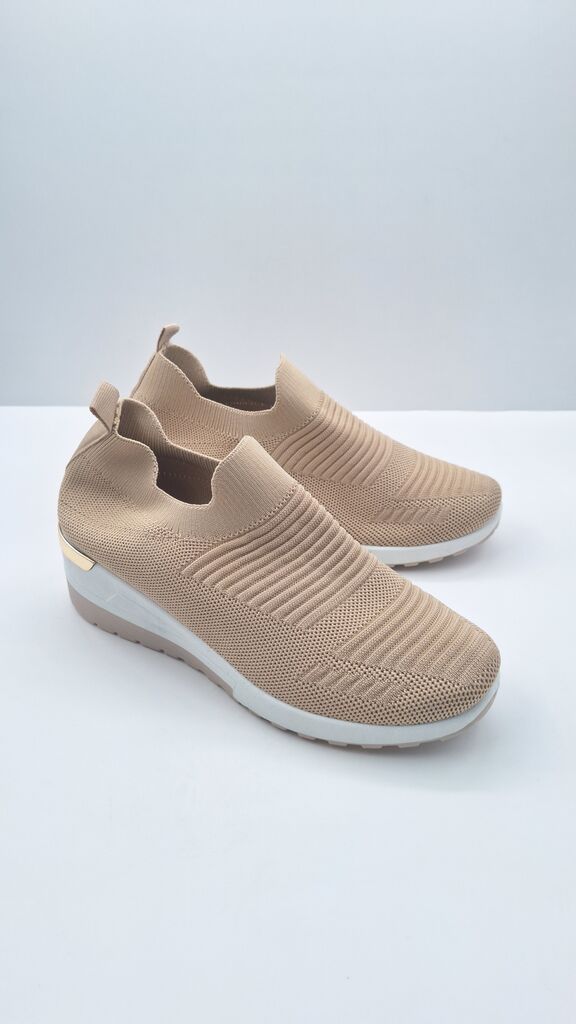 Beige Knit Slip-On Wedge Sneakers
