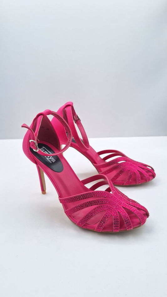 Pink Strappy Heeled Sandals with Rhinestone Detail