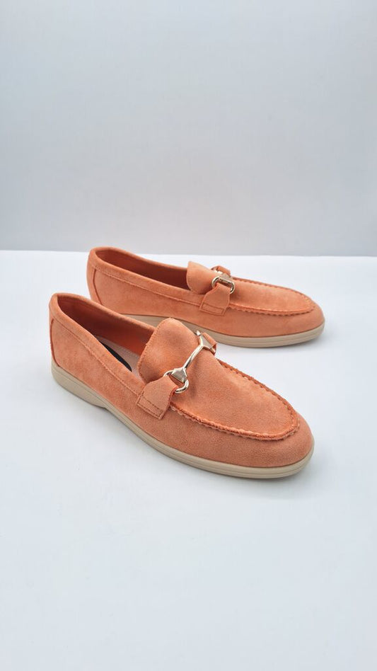 Peach Suede Loafers with Metal Accent
