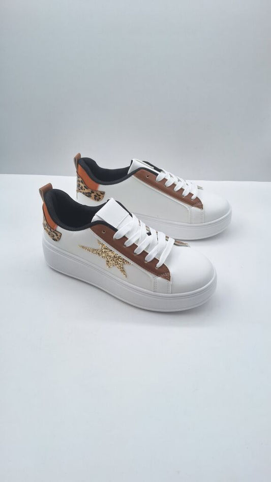 White Leather Sneakers with Gold Star Detail